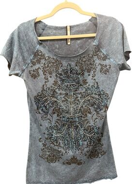 Women's‎ Blue/Grey Embellished Short Sleeve Top